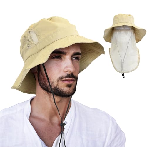 Tirrinia Wide Brim Sun Hat with Neck Flap for Men & Women, Breathable Hiking Fishing Safari Hat, Outdoor UV Protection Cap - color: #2 Stone Mesh