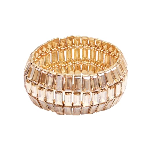 Women’s Wedding Bridal Crystal Leaf Flower Stretch Bangle Elastic Wide Bracelet Jewelry for Brides Bridesmaid - color: Style1-Champagne-Gold Plated
