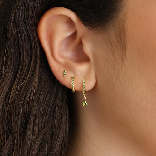 14K Gold Plated Small Huggie Hoop Earrings Set for Women, Hypoallergenic Dainty Sterling Silver Dangle Studs for Cartilage Helix, Lightweight Trendy Cute Stack Birthstone Jewelry Gift - color: 08_Peridot_Aug_Gold