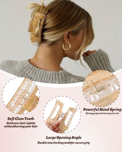 4Pcs Large Acrylic Hair Claw Clips, Nonslip Cute Hair Clips for Thick Hair and Long Hair, Rectangle Marble Claw Clips Hair Accessories for Women and Girls - color: Pink + Gray + Yellow + Cyan