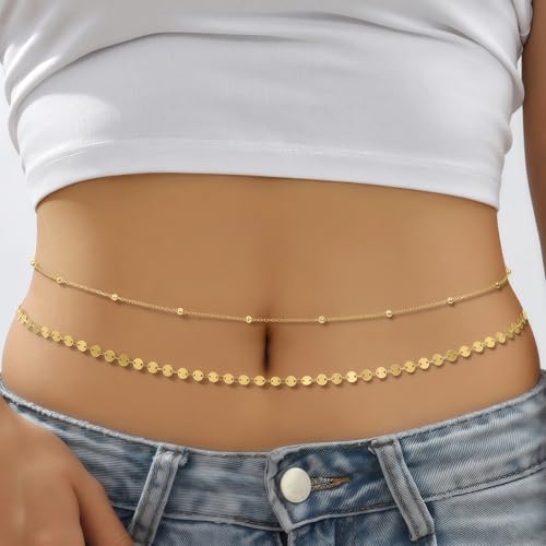 14K Gold Plated Waist Chain for Women, 2Pcs Adjustable Pearl Beads Body Chain, Sexy Layered Summer Beach Bikini Belly Jewelry Accessories - style: Satellite&Sequins