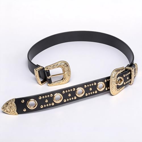 Dubulle Womens Belt Chain Leather Belts Vintage Western Adjustable Elastic Double Buckle for Cowboy Pant Dress - color: Gold Black