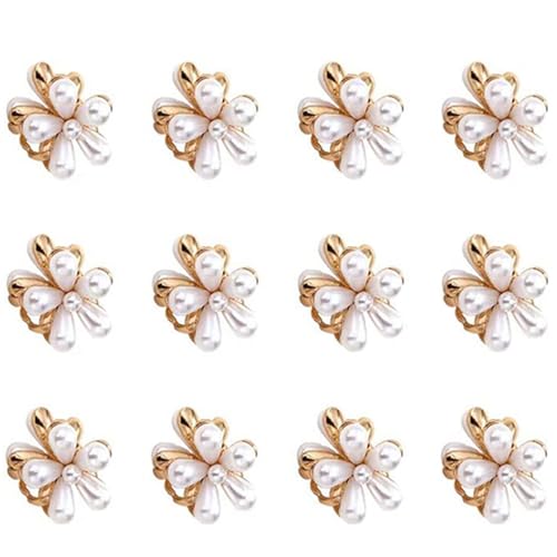 Gold Small Flower Hair Clips for Women, Cute Mini Tiny Little Sparkling Metal Flower Sweet Artificial Bangs Nonslip Hair Claw Clips Decorative (White) - color: White