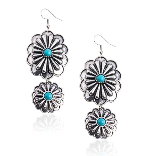 Rustic Couture's Western Earrings for Women Cowgirl Country Concho Dangling Western Statement Jewelry - color: H-Turquoise
