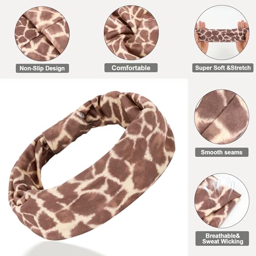 Cobahom 6Pcs Wide Headbands for Women Non Slip Soft Fabric Hair Wrap Boho Head Bands Elastic Sport Hair Bands for Workout Yoga Running (Animal Print)