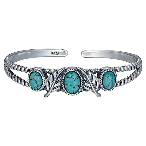 Genuine Turquoise Bracelet Cuff Bracelet for Women Mom 925 Sterling Silver Natural Turquoise Bangles Vintage Bracelet Boho Jewelry for Birthday Christmas Mother's Day Valentine's Day - style: Feather
