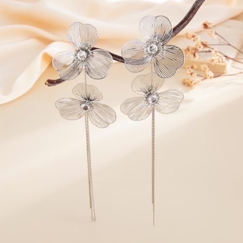 Boho Gold Flower Drop Dangle Earrings for Women Rhinestone Floral Leaf Chandelier Earring Layered Long Tassel Statement Floral Earring Prom Brides Wedding Party Fashion Jewelry Accessary - color: Silver