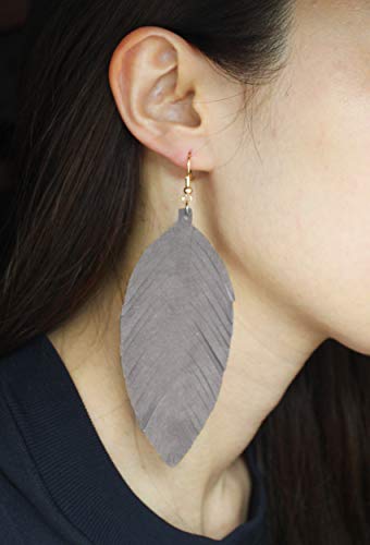 Large Genuine Soft Leather Handmade Fringe Feather Lightweight Tear Drop Dangle Color Earrings for Women Girls Fashion - color: GREY
