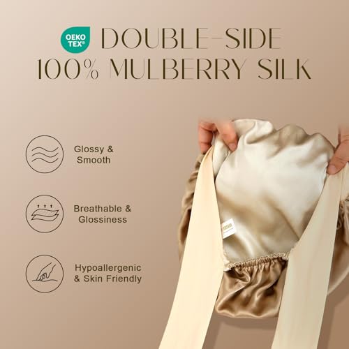 ZIMASILK 100% Mulberry Silk Bonnet for Sleeping Women Long Hair Double Layer Silk Hair Wrap with Tie Band Stay On Head (1Pc, Light Coffee) - color: Light Coffee