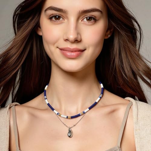 Beaded Gemstone Necklaces for Women Colorful Boho Choker Necklace Beauty And Spirit For Women (blue-silver) - color: dark blue