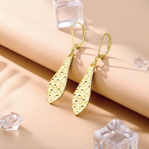 ALEXCRAFT Hammered Silver Dangle Earrings for Women, 14K Gold Plated French Leverback Earrings, Hypoallergenic Lightweight Statement Hammer Square Bar Long Drop Earing for Women Trendy Jewelry Gifts - color: GoldB