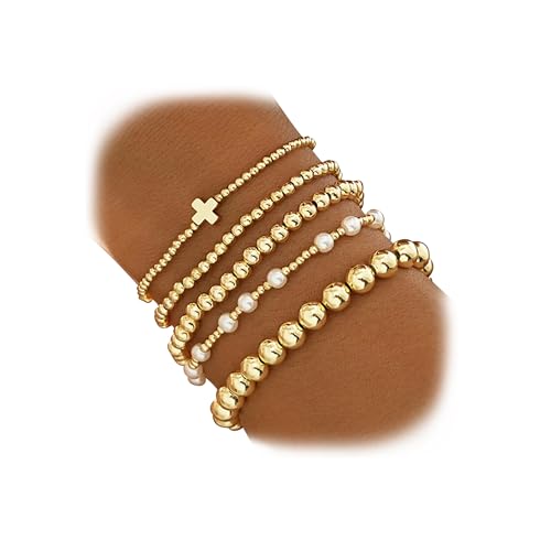 Gold Beaded Bracelets for Women, 14K Real Gold Plated Jewelry for Women Dainty Pearl Bead Bracelets Stack, Non Tarnish Trendy Stackable Ball Cross Stretch Bracelet Set Fashion Accessories Gifts - color: Gold cross bead