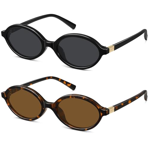 WOWSUN Retro Oval Sunglasses Womens Trendy Sun Glasses Sunnies UV400 Protection - color: 2 Pack: Black Frame Grey Lens+tortoise Frame Brown Lens