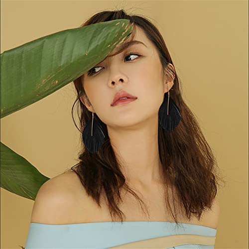 Minimalist Handmade Lightweight Large Soft Faux Leather Fringe Feather Dangle Drop Earrings Bohemian Huge Leaf Hook Earrings with Bar for Women - color: Black