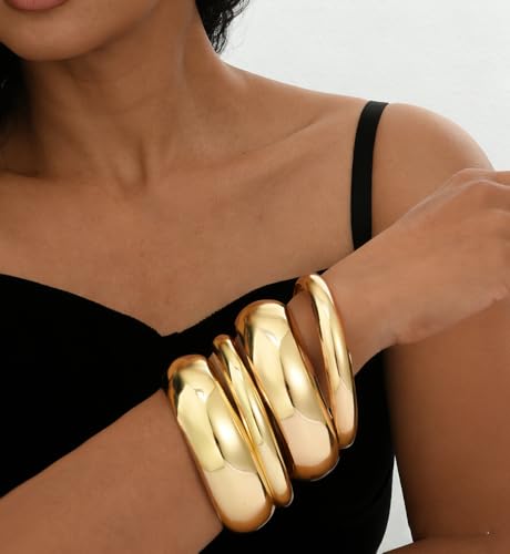 Chunky Gold Bangle Bracelets for Women, Dainty 14k Gold Plated Big Stackable Bangles Set, Trendy Cuff Bracelet Stack Fashion Jewelry Gifts - style: 4 pcs chunky gold bangles
