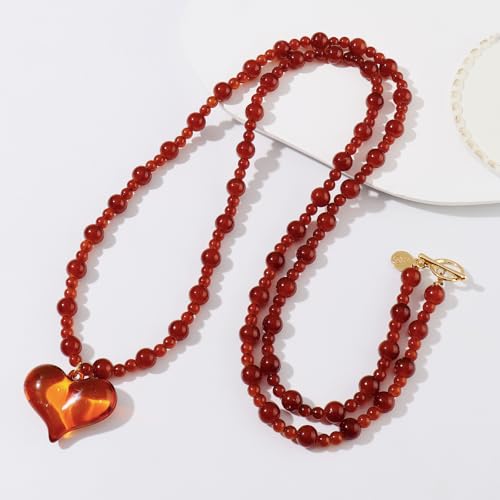 Coiris Chunky Heart Necklace for Women Statement Beaded Pendant Boho Christmas Necklace Gifts for Women - color: Amber, size: Long