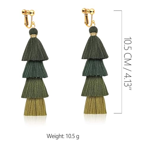 Clip on Earrings, Lightweight Colorful Layered Tassel Bohemian Statement Tiered Big Dangle Drop Earrings for Women, Non Pierced, Boho Jewelry - color: Dark Green