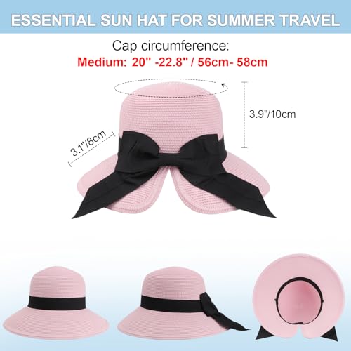 DRESHOW Sun Hats for Women Travel Fedora Foldable Beach Sun Hat Summer Wide Brim Straw Bucket Hat with Bowknot UPF 50+ - color: 1 Pack With Bowknot: Pale Pink With Black Band