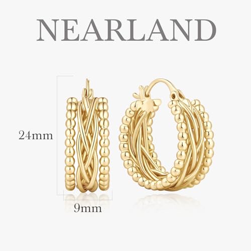 NEARLAND Gold Hoop Earrings 14K Gold Earrings for Women Gold Hoop Earrings for Womens Hoops Twisted Lines with Beaded Textures for Dimensional Look Hoops Earring for Womens