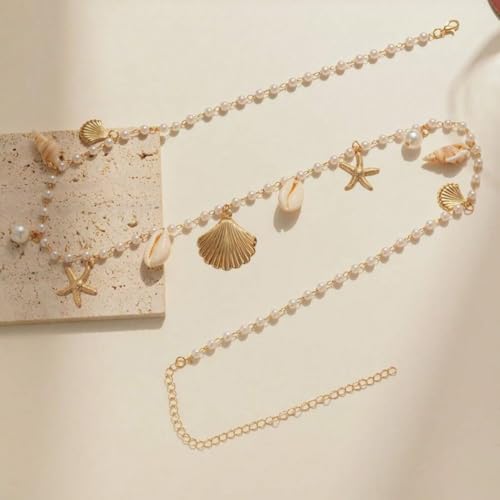 Vivian&CD Mermaid Seashell Starfish Waist Chain for Women, Gold Boho Pearl Shell Conch Belt Chain Waterproof Body Chain for Summer Beach Sexy Bikini Pirate Costume Accessories - style: Starfish Shells