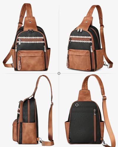 FADEON Large Sling Bag for Women, Leather Crossbody Purse Designer Anti Theft Sling Backpack, RFID Fanny Packs for Travel - color: Retro Black With Brown