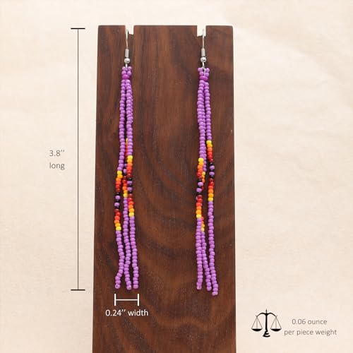 Native Long Beaded Tassel Earrings for Women, Boho Handmade Colorful Beads Statement Dangle Earing Prom Jewelry Gift. - color: Purple Violet