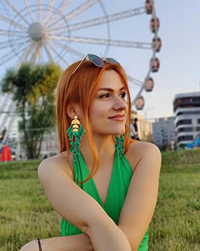 Long Tassel Earrings for Women Colorful Fringe Drop Dangle Earrings Bohemian Hawaiian Summer Beach Jewelry for Womens Vacation Outfits - color: Green