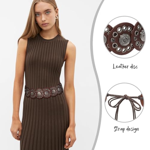 Women Western Disc Belt Boho Disk Concho Leather Belts Adjustable Knot Tie Waist Belts for Dresses - color: Brown