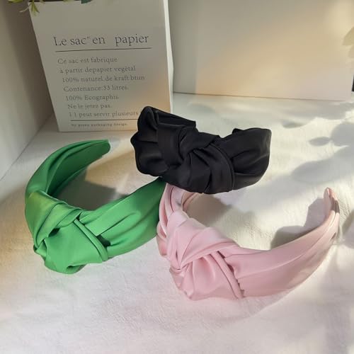 Green Knotted Headbands for Women Satin Wide Headband Non Slip Head Bands Fashion Headband Hair Styling Accessories Womens Sisters Girls Gifts - color: Green