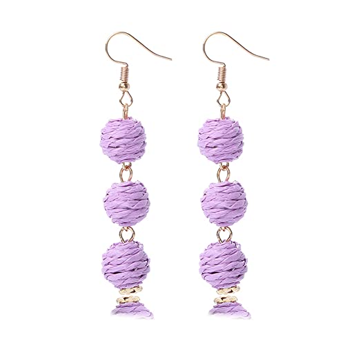 Lightweight Boho Thread Raffia Earrings for Women Handmade Braided Straw Wicker Lantern Ball Earrings Summer Beach Bohemian Geometric Earrings Holiday - color: purple