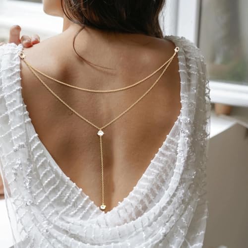 Eyraevor Rhinestone Backdrop Necklace for Backless Dress Back Necklace Crystal Wedding Bridal Back Dainty Chain Body Jewelry (Gold)