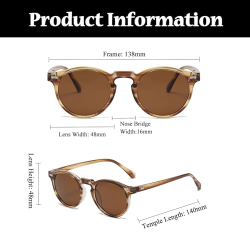 LJCZKA Round Polarized Sunglasses for Men Women Retro Small Face Sunglasses Polarized Vintage Sun Glasses UV400 Protection - color: Brown Stripe Brown