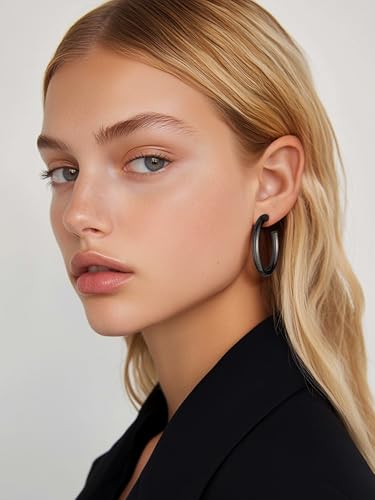 Stainless Steel Chunky Hoop Earrings For Women, Minimalist and Chic, Black/Gold Plated, Round Hoops Earrings Hypoallergenic, Size: 30mm/40mm/60mm/80mm, Come with Box - color: 2. Black, size: 40MM