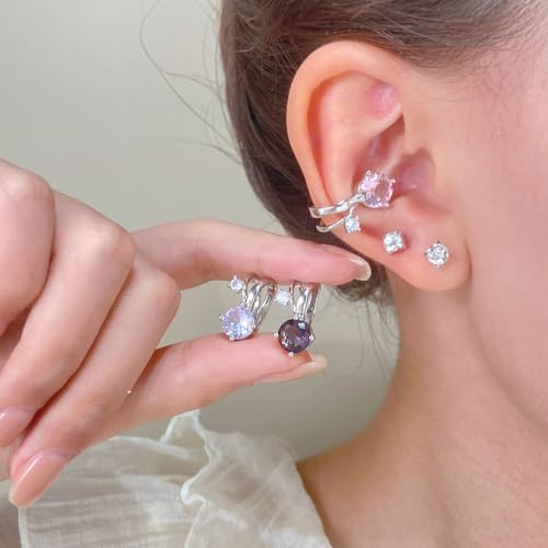 Cubic Zirconia Ear Cuff Non-Piercing CZ Clip on Earrings Round Crystal Stud Earrings Silver Cartilage Hypoallergenic Earrings Set Party Prom Jewelry for Women - color: Pink