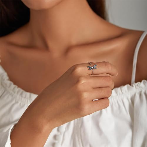BISAER 925 Sterling Silver Ring Adjustable Cute Unique Cat Snake Butterfly Dragonfly Fashionable Ring For Women Jewelry - color: Green Dragonfly