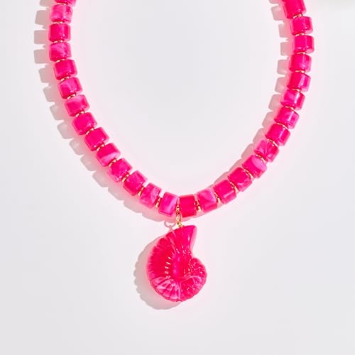 Chunky Beaded Necklace for Women with Conch Shell Pendant, Boho Bead Statement Necklace with Adjustable Gold Chain, Beach Jewelry for Summer＆Vacation Gifts - color: Fuchsia