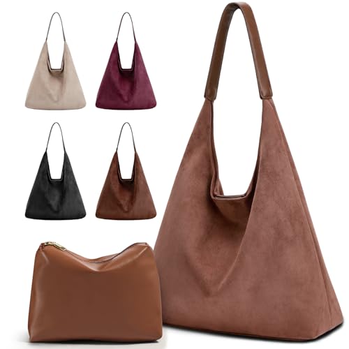 2-Piece Vegan Leather Purse Set for Women: Slouchy Hobo Shoulder Bag & Suede Tote Bag - color: Brown2