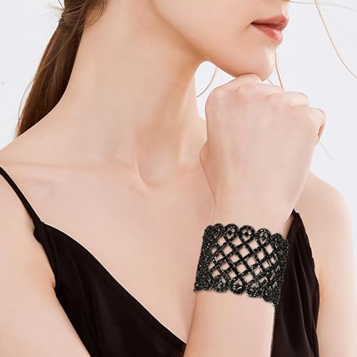 EVER FAITH Art Deco Love Knot Wide Stretch Bridal Bracelet Austrian Crystal - color: Jet Color Black-Tone