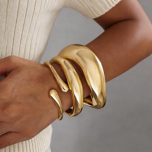 Chunky Gold Bangle Bracelets for Women, 14k Gold Plated Trendy Stackable Bangles Set, Dainty Cuff Bracelet Stack Jewelry for Gifts