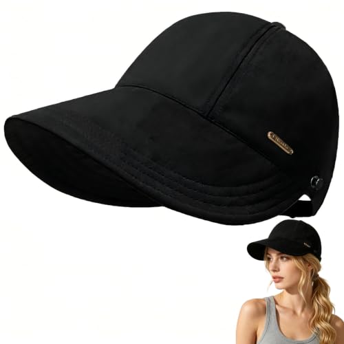 huablo]UPF 50+Womens Sun Hat UV Protection Hiking Fishing Hats Wide Brim Hat Adjustable Ponytail Packable Sun Cap - color: Black