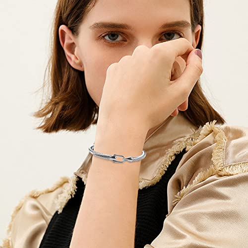 Twisted Cable Bracelet Stylish Fine Stainless Steel Cable Cuff Bracelet with Hook Clasp Bracelets Jewelry for Women - color: Silver（7.6"）