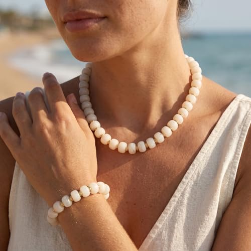 Gmai Chunky Bead Necklace and Bracelet Set for Women Boho Big Bead Statement Necklace Adjustable Fashion Trendy Summer Necklaces Jewelry Gift Set - color: white 2pcs set