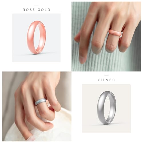 ThunderFit Silicone Bridal Rings Set for Women, 5.5mm Wide, 2mm Thick, Wedding Rubber Bands, Variety Multipack 1-12 - color: Pack D: Metallic Khaki Bronze, Pure White, Metallic Rose Gold, Metallic Ice Silver, Rose Marble, White Marble, Charcoal Black, siz