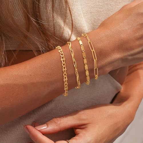 Dremmy Studios Gold Bracelet for Women 18K Gold Plated Dainty Paperclip Cubic Zirconia Disc Coin Star Cable Satellite Bead Pearl Simple Boho Minimalist Stacking Layered Link Jewelry Gift - color: Paperclip A