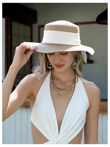 GORGLITTER Women's Rhinestone Bow Tie Straw Beach Hat UPF 50+ UV Protection Boho Vacation Wide Brim Western Elegant Sun Hats