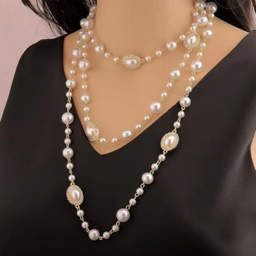 Layered Pearl Necklaces for Women Big Pearl Long Chain Necklace Dainty Faux Pearl Necklaces Statement Sweater Strand Chain Jewelry - style: SetG