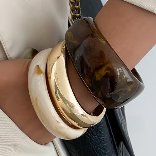FAXHION Chunky Resin Acrylic Bangle Bracelets for Women, Colorful Wide Geometric Bangles Set, Statement Stackable Bracelet Jewelry Gift - color: Dark Brown