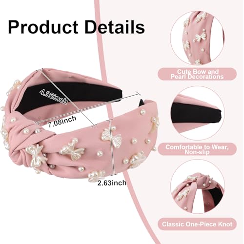 Pink Headband Bow Pearl Knotted Headbands for Women Girls Cute Fashion Wide Headbands for Women Non Slip Hairbands Head Bands for Women's Hair Bow Hair Accessories - color: Pink-03
