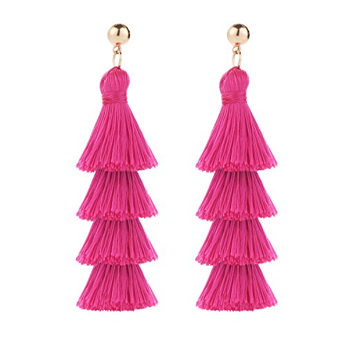 BaubleStar Tassel Earrings Handmade Tiered Thread Tassel Dangle Earrings, Multi Colors - color: Hot Pink