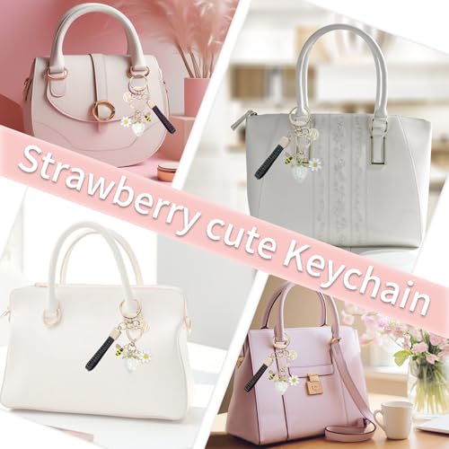 Keychain for Women Girls Bling Heart/Star/Strawberry Key Chain Accessories for Key/Backpack Bag Charm - color: Whhite Strawberry